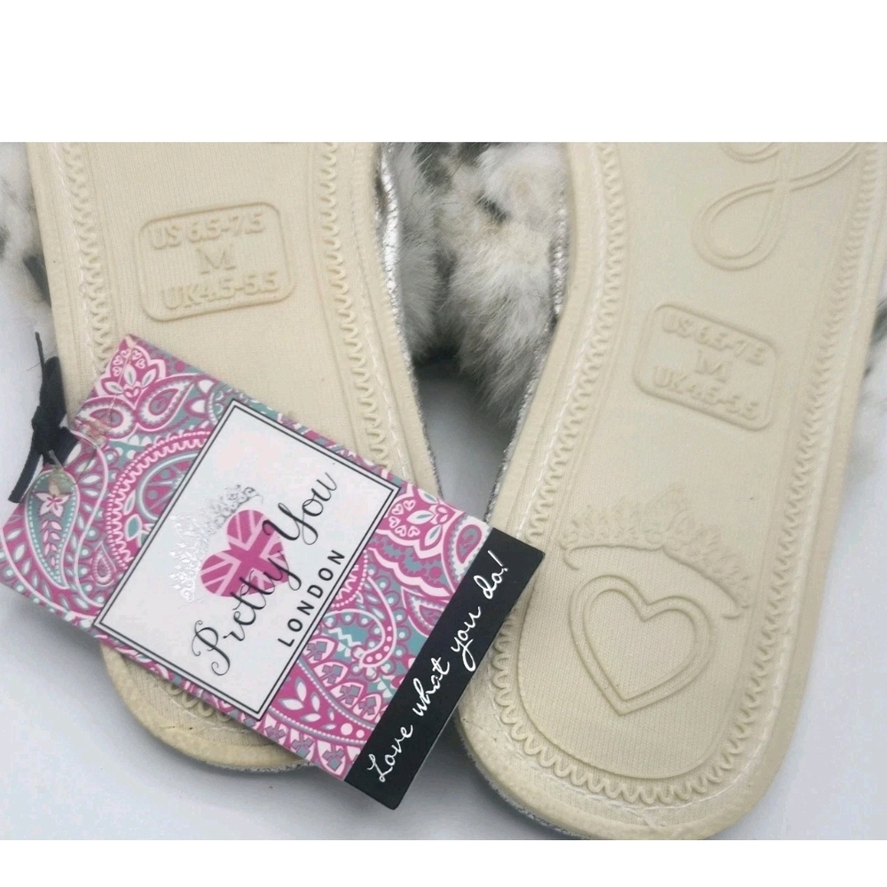 Pretty You London Faux Fur Cream Animal Print Thong Slippers Jodie Size 6.5 7.5 - Picture 9 of 10